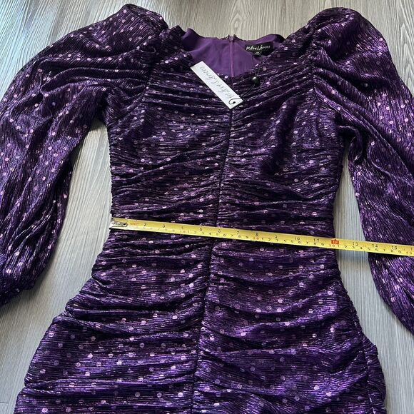 For Love And Lemons Dress Extra Small La Villette Polkadot Mini Ruched Purple - Picture 8 of 14